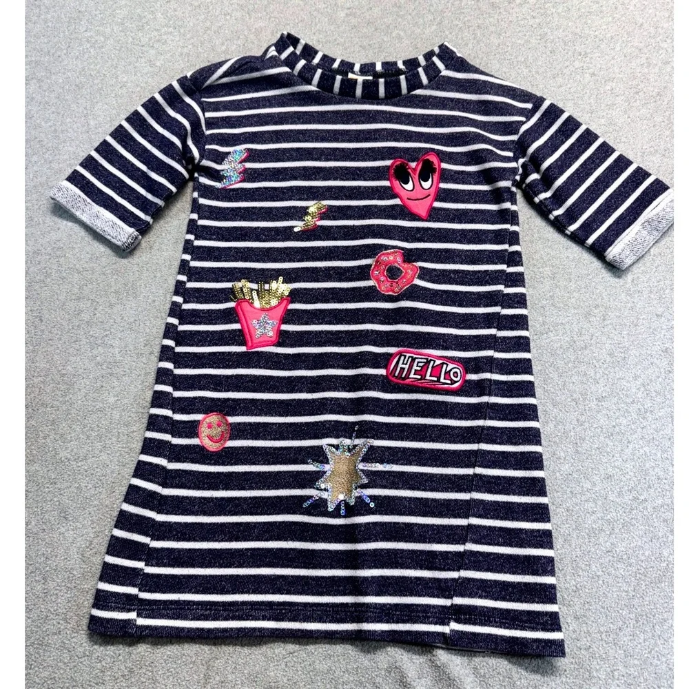 Gymboree Girls Dress Size 6 Navy Stripe Knit Dress Emoji Patch Donut Heart Cute